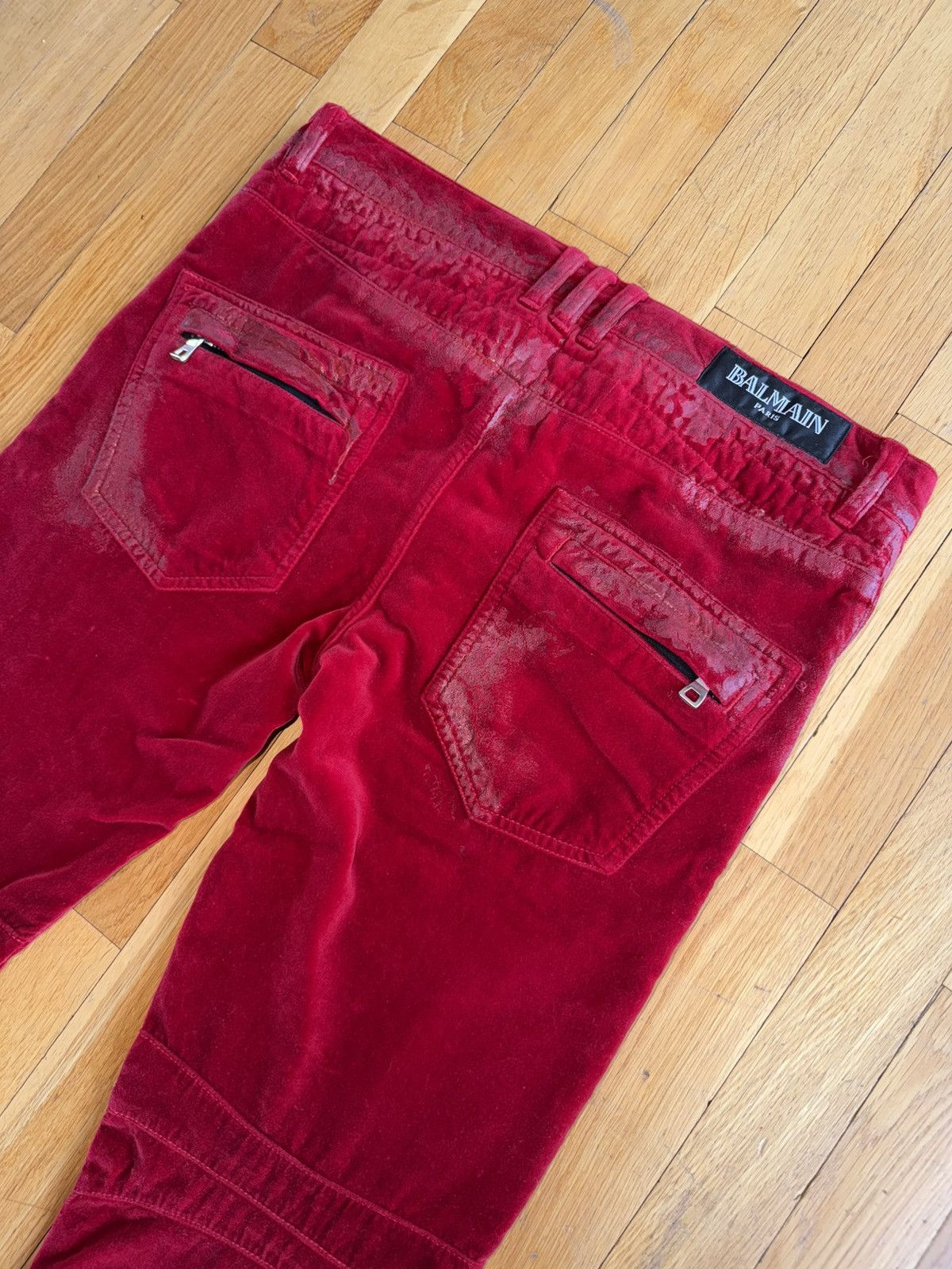 Balmain Balmain AW12 Decarnin Red Gridded Waxed Velours Biker Jeans Size US 30 / EU 46 - 5 Thumbnail