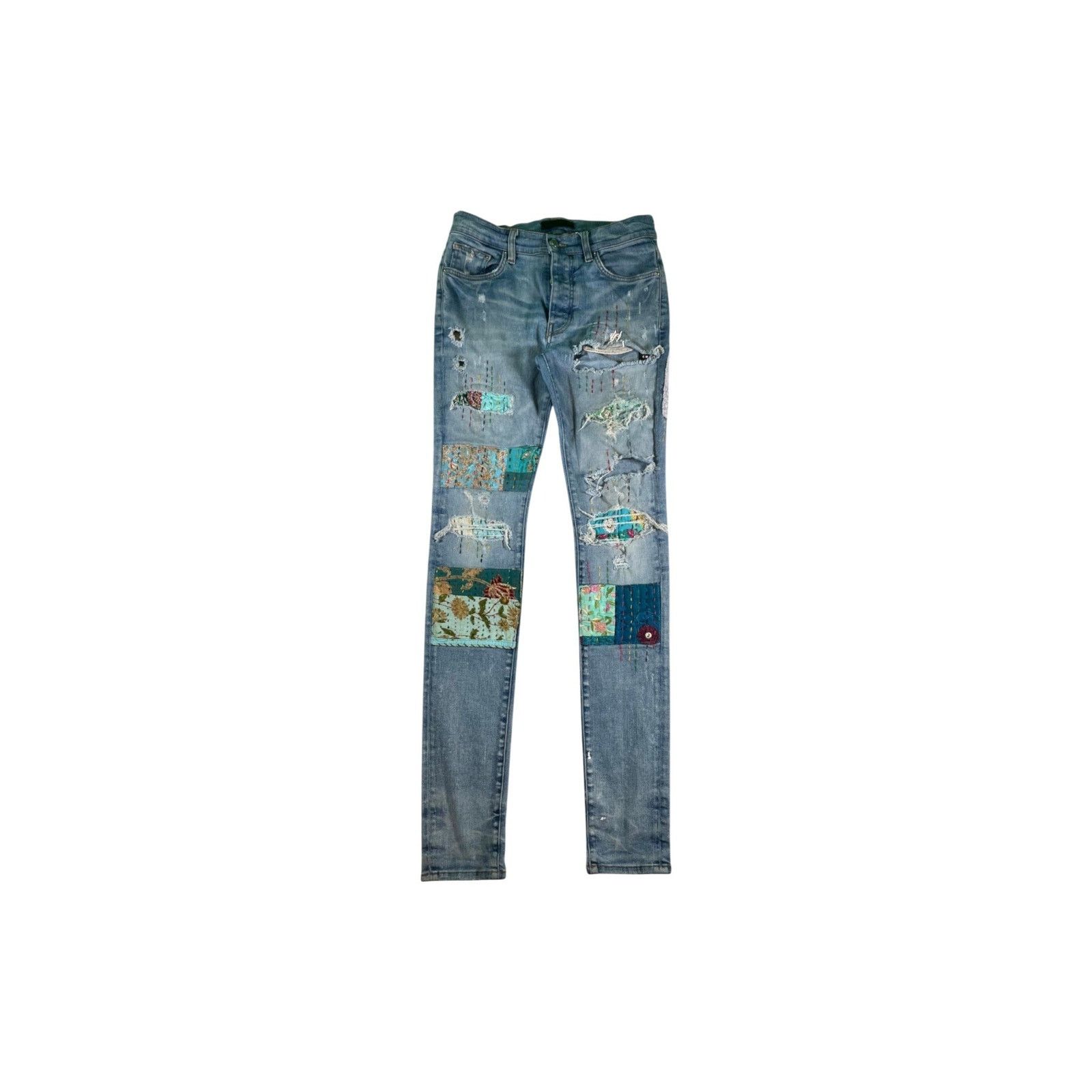 Amiri Amiri Quilted Teal Patchwork Light Wash Jeans Size US 30 / EU 46 - 1 Thumbnail