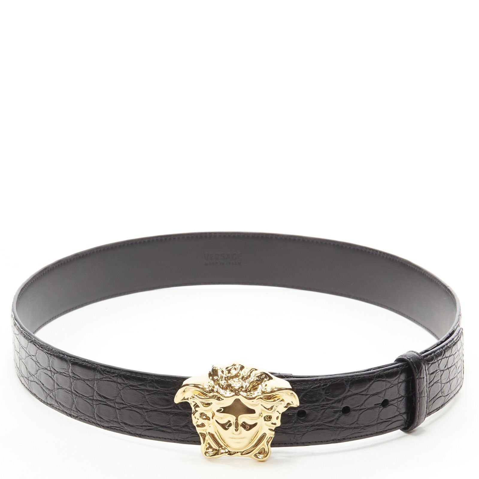 Versace VERSACE $1200 La Medusa gold buckle black scaled leather belt 115cm 44-48" Size 44 - 1 Thumbnail