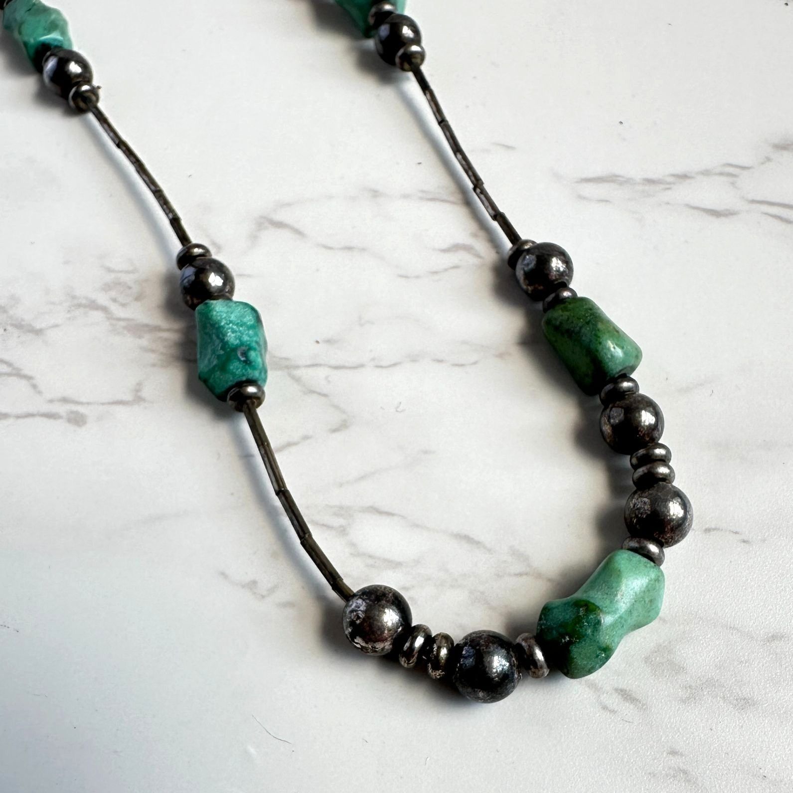 Sterling Silver Vintage Turquoise Nugget Hematite Bead Liquid Silver Necklac Size ONE SIZE - 3 Thumbnail