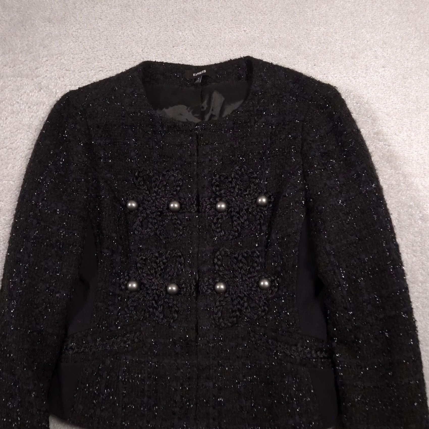Express VINTAGE Express Blazer Womens Small Black Tweed Pearl Button Embellished Cropped Jacket Size S / US 4 / IT 40 - 4 Thumbnail