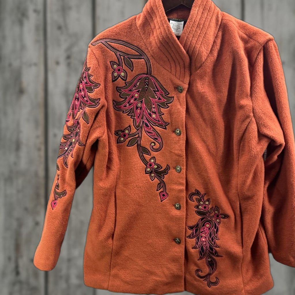 Bob Mackie VINTAGE Bob Mackie Coat Womens M Orange Wearable Art Floral Mid-Length Overcoat Autumn Winter Casual Mens Women’s Size M / US 6-8 / IT 42-44 - 1 Thumbnail