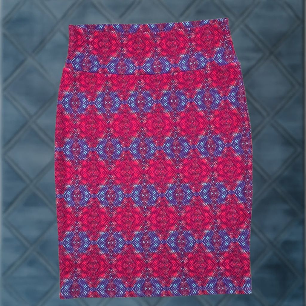 Vintage LuLaRoe Skirt Knee Length M Red Purple Geometric Pull On Unlined Polyester Spandex Women Casual Vintage No Size 32" / US 10 / IT 46 - 1 Thumbnail