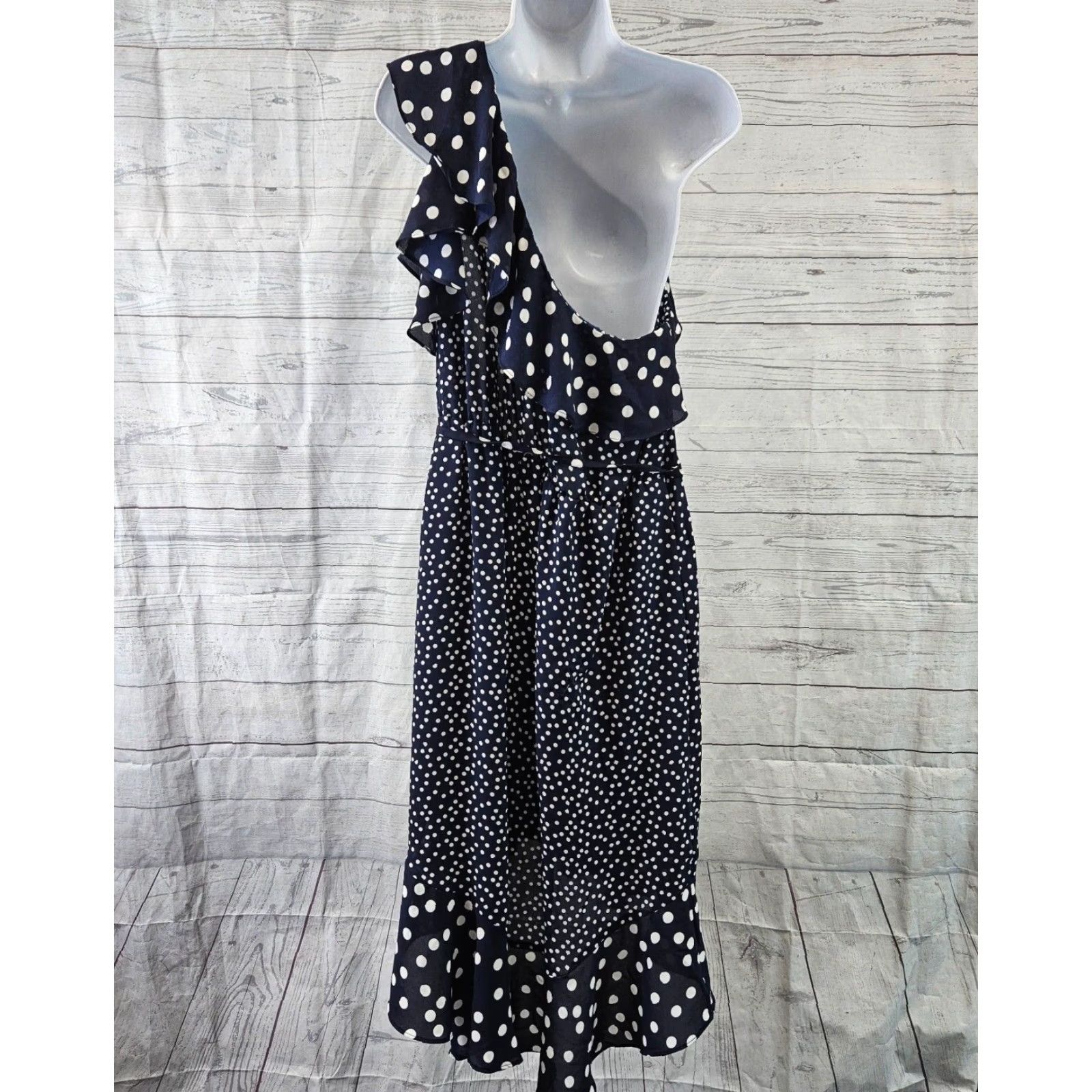 Vintage A New Day Womens Dress One Shoulder Shift Midi Polka Dot Blue White Sz L Size L / US 10 / IT 46 - 3 Thumbnail
