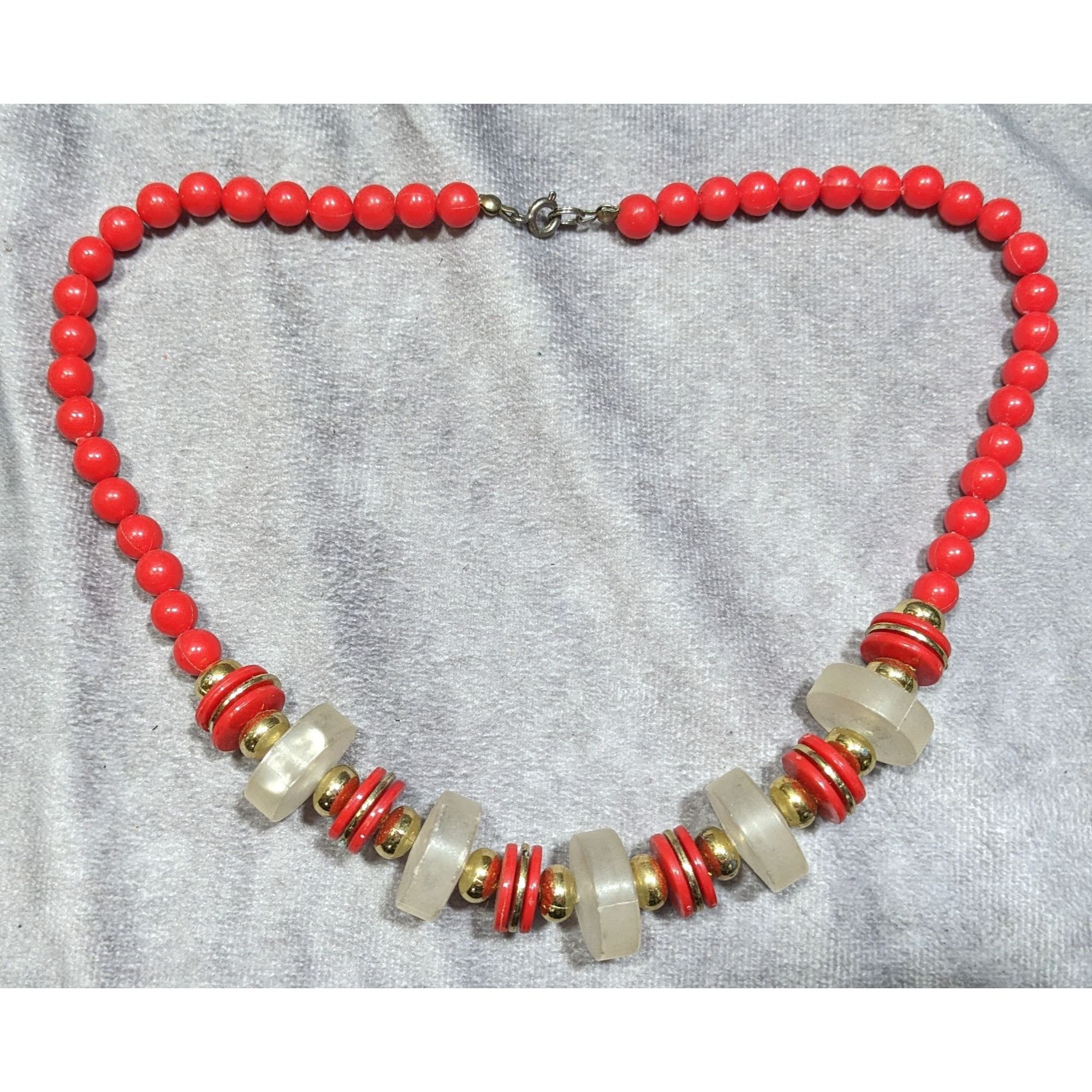 Other Vintage Retro Red Beaded Necklace W/ Frosted Clear & Gold To Size ONE SIZE - 5 Thumbnail
