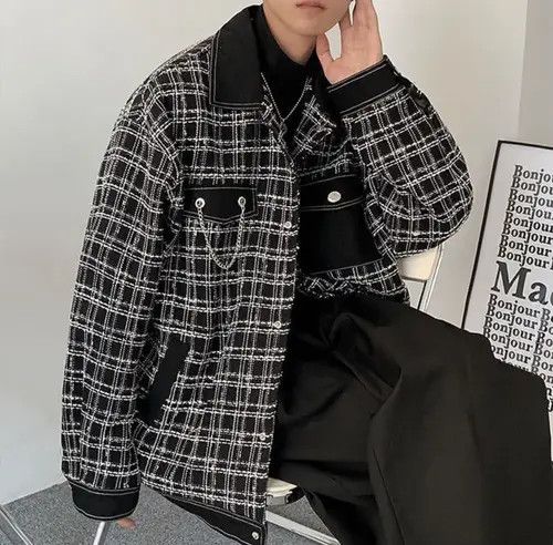 Japanese Brand Kizuki x Asai Black colorblock tweed jacket with chain Size US XL / EU 56 / 4 - 4 Thumbnail