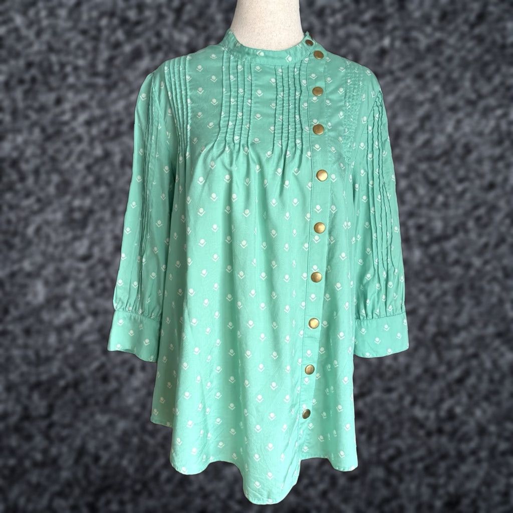 Vintage Lauren Moffett Pintuck Silk Geo Tulip Printed Blouse Teal Size M Size M / US 6-8 / IT 42-44 - 1 Thumbnail