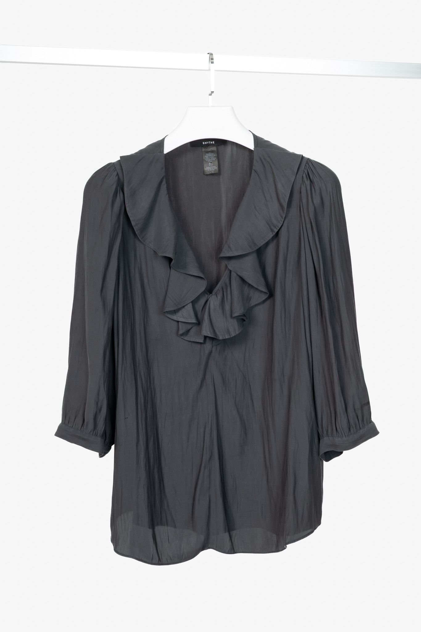 SMYTHE Smythe Carbon Matte-Satin Over-The-Head Ruffle Blouse Size L / US 10 / IT 46 - 1 Thumbnail