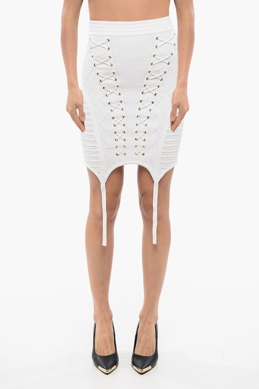 Balmain og1mm0326 Lace-Up Design Knit Mini Skirt in White Size 38" / US 16 / IT 52 - 1 Thumbnail