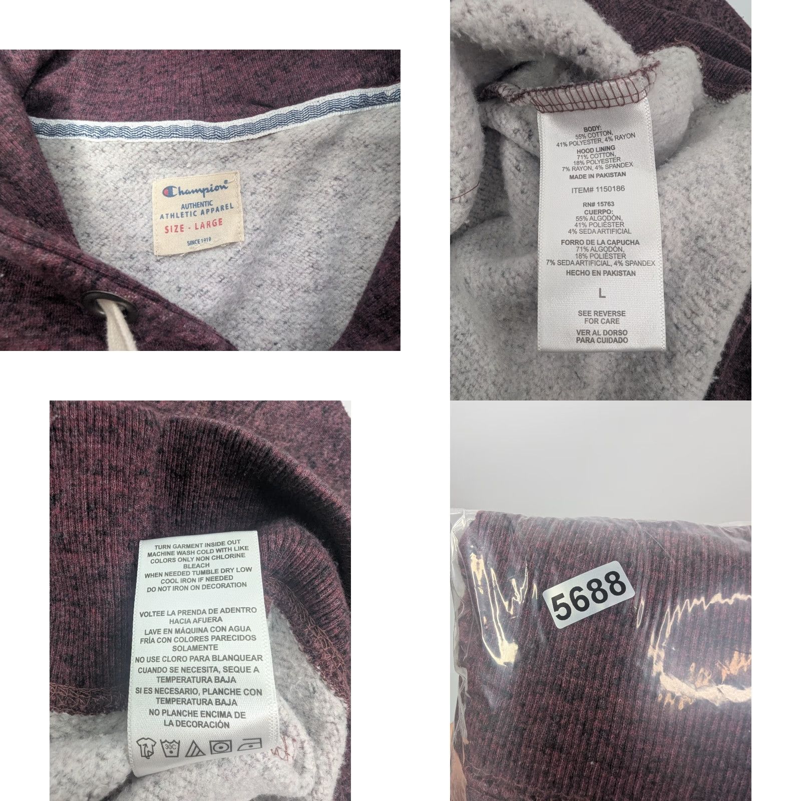 Champion Champion Hoodie Mens L Maroon Fleece Pullover Logo Embroidered 90s College University Sports Sweatshirt Size US L / EU 52-54 / 3 - 8 Thumbnail