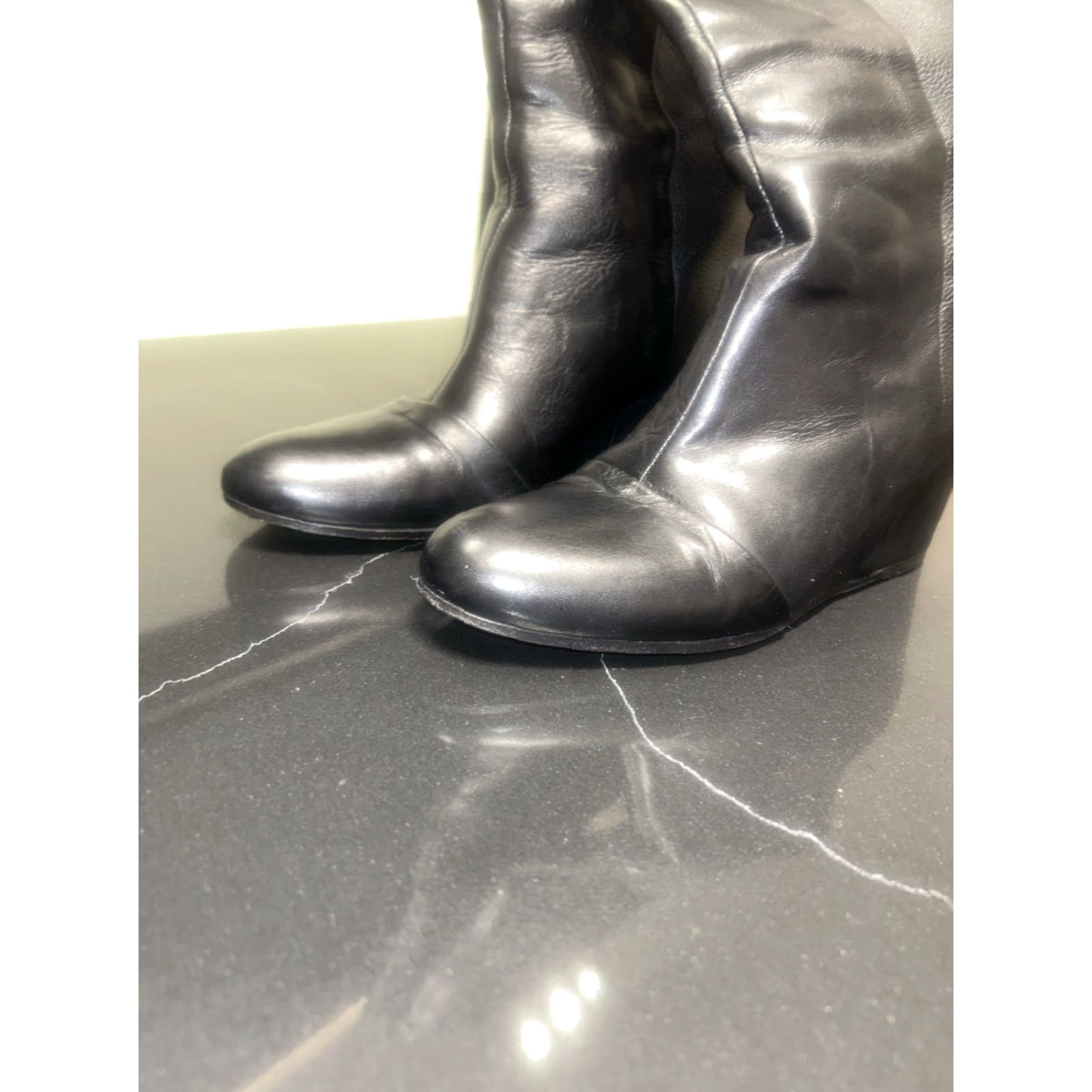 Vince Vince Madison Black Leather Wedge Boots 7 1/2 Knee Hi Lined Dress Boot Womens Size US 7 / IT 37 - 2 Thumbnail