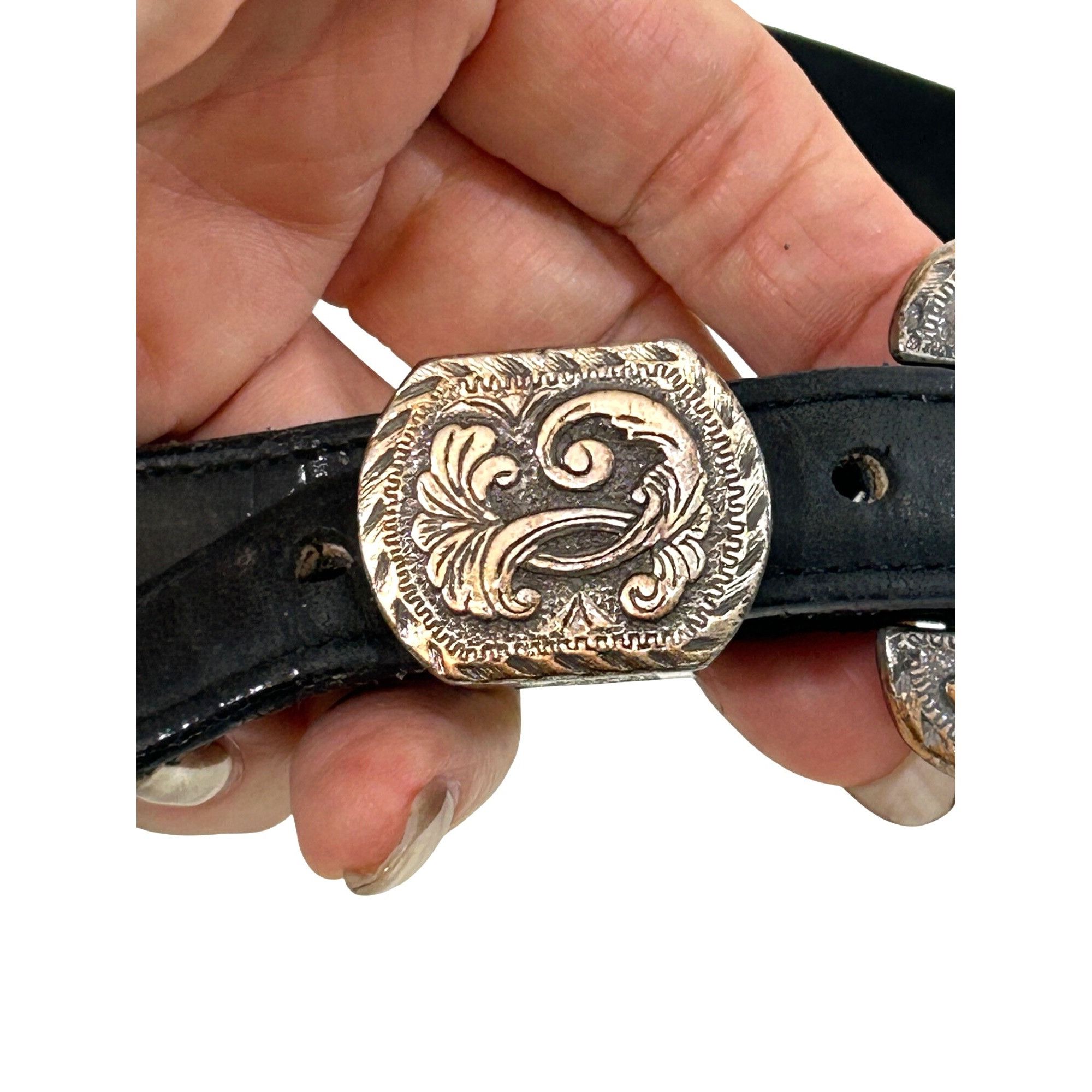 Justin Justin Belt Black 30 Vtg Leather USA Silver-plated 1993 Eng Size ONE SIZE - 6 Thumbnail