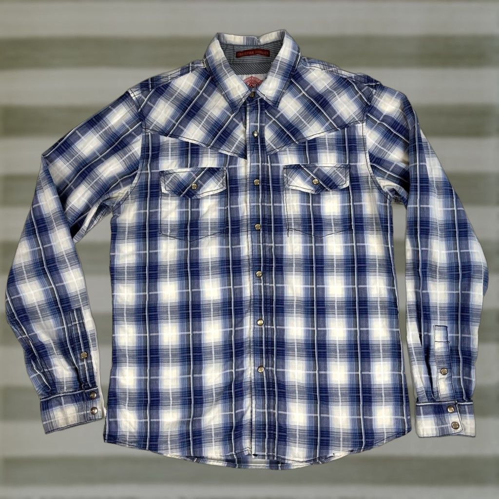 Vintage Christian Audigier Shirt Plaid Long Sleeve Button-Up Pearl Snap Western Mens M Blue Cotton Slub Pocketed Size US M / EU 48-50 / 2 - 1 Thumbnail