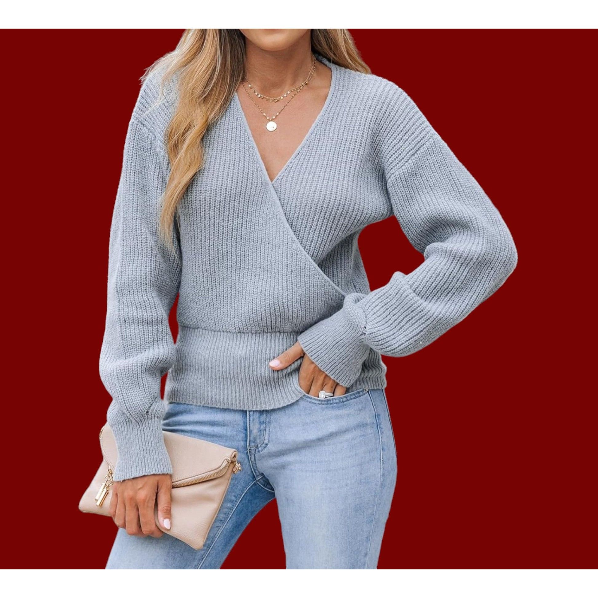 Other Cupshe - Women's Sweater Surplice Neck Rib Tops Long Sleeve Size L / US 10 / IT 46 - 1 Thumbnail
