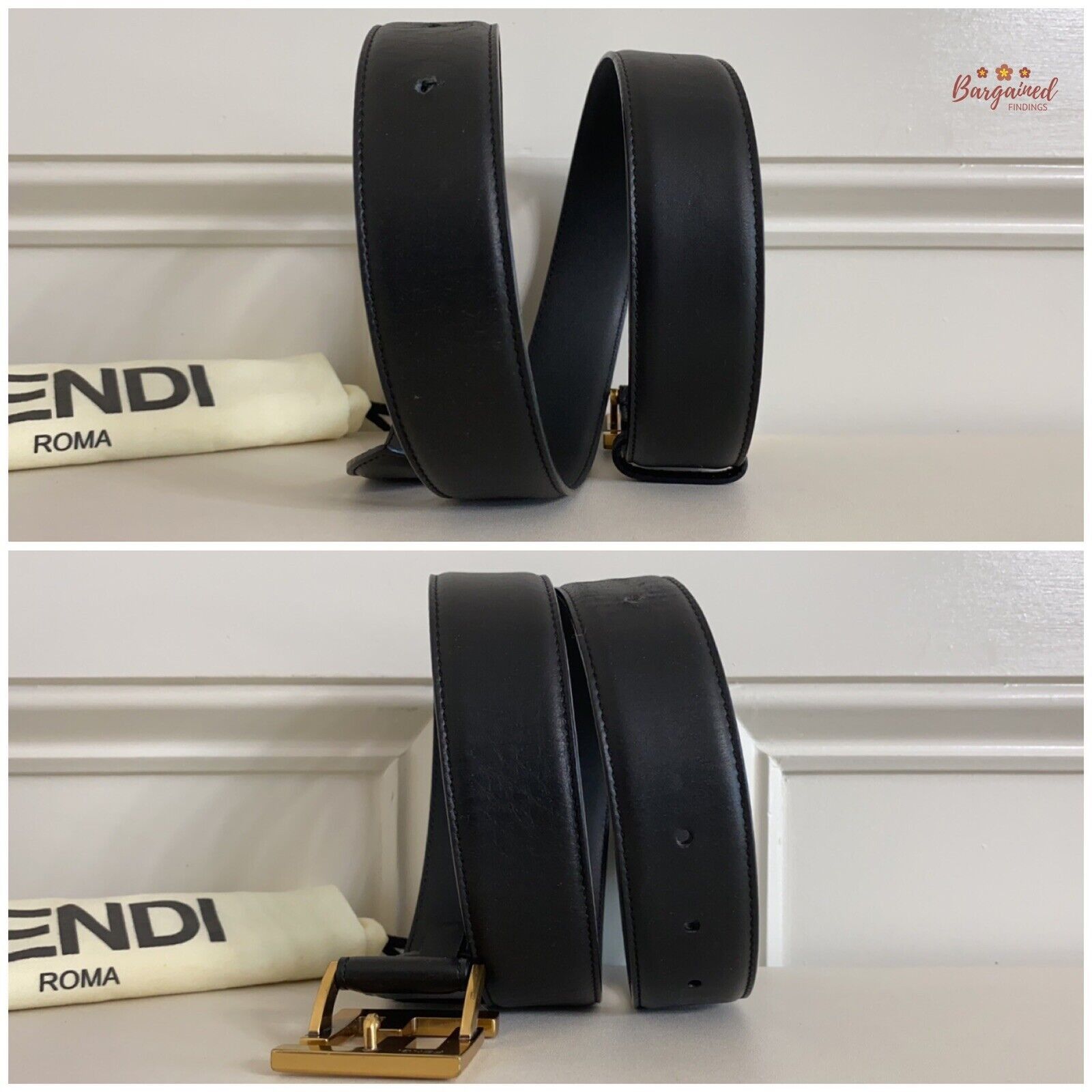 Fendi Fendi Black Calfskin Leather Gold FF Buckle Belt Size 30 - 2 Thumbnail