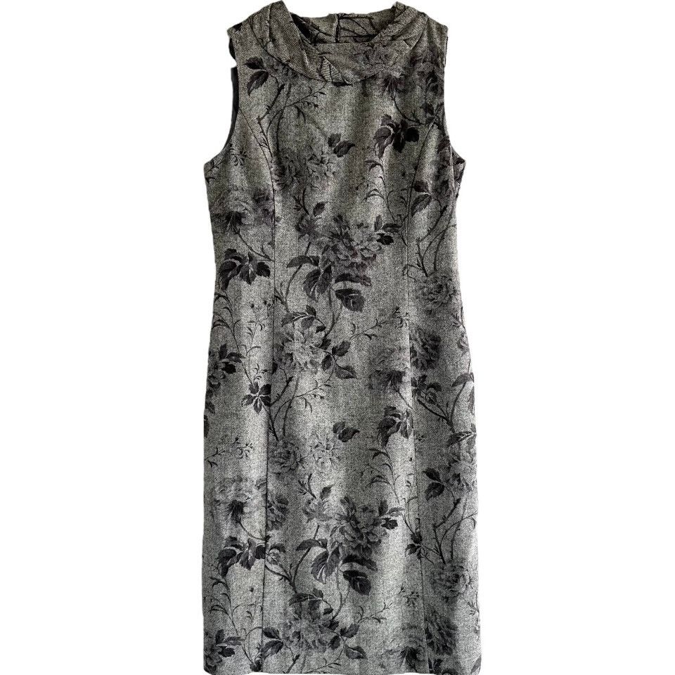 Talbots Floral Sheath Dress Lined Party Wool Gray Black 4