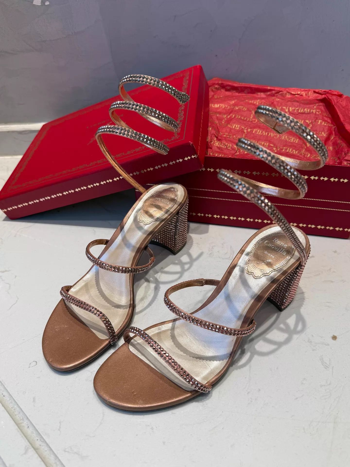 Rene Caovilla RC Nude Paved 3-Ring Block Heel Sandals 38.5 99New Size US 8 / IT 38 - 1 Thumbnail