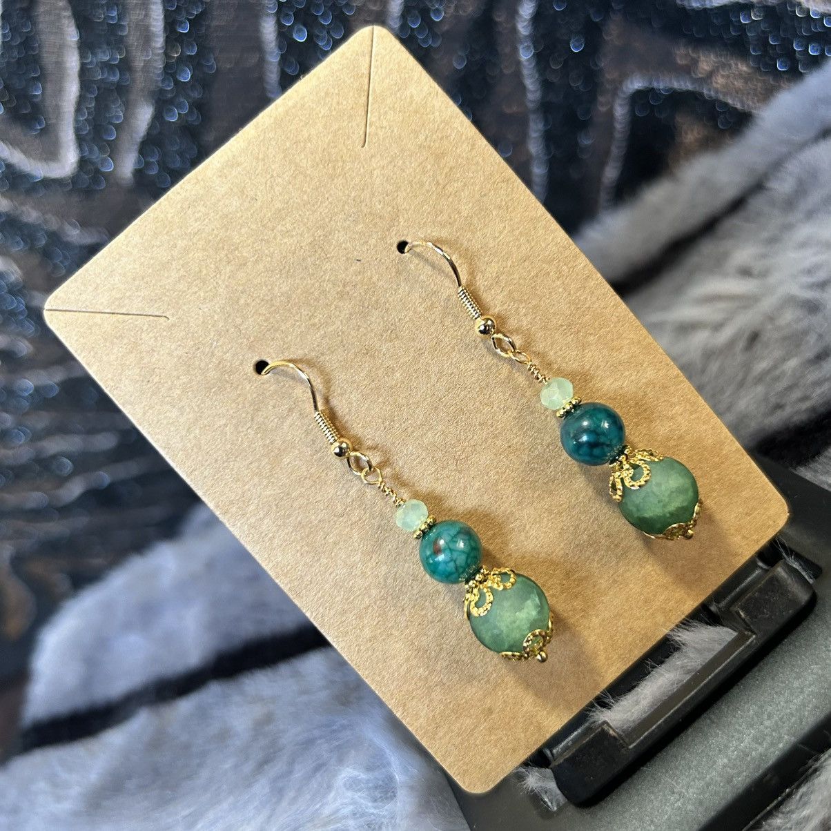 Handmade Handcrafted green crackle glass dragon vein agate earrings Size ONE SIZE - 1 Thumbnail
