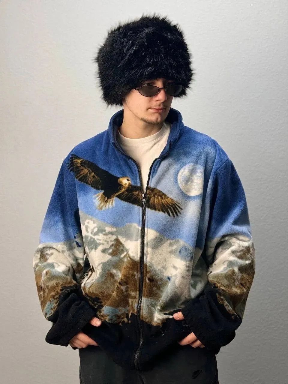 Vintage Black Fullprint Wolf Zip Animals Fleece Jacket