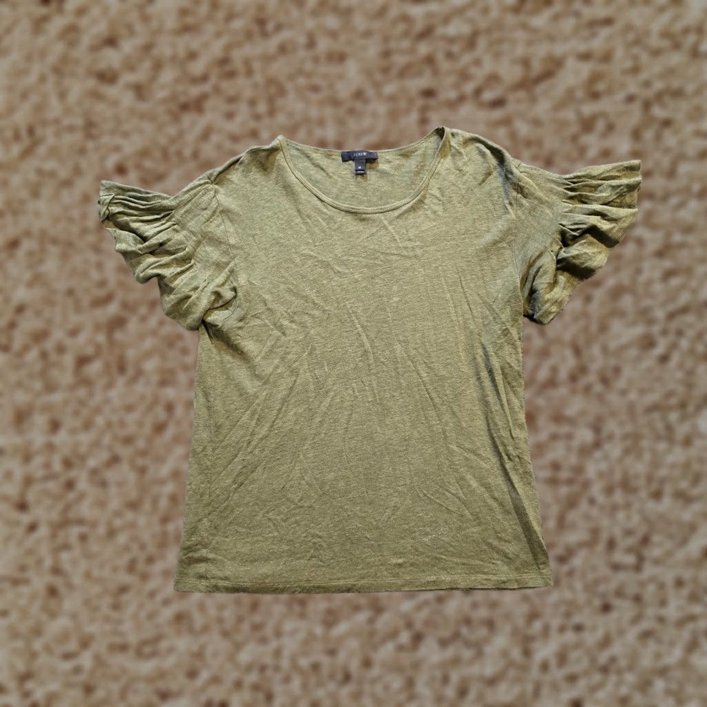 J.Crew J.CREW Top Womens Size Medium Green Linen Ruffle Sleeve Stretch Casual Classic Shirt Men? No, Womens Size M / US 6-8 / IT 42-44 - 1 Thumbnail