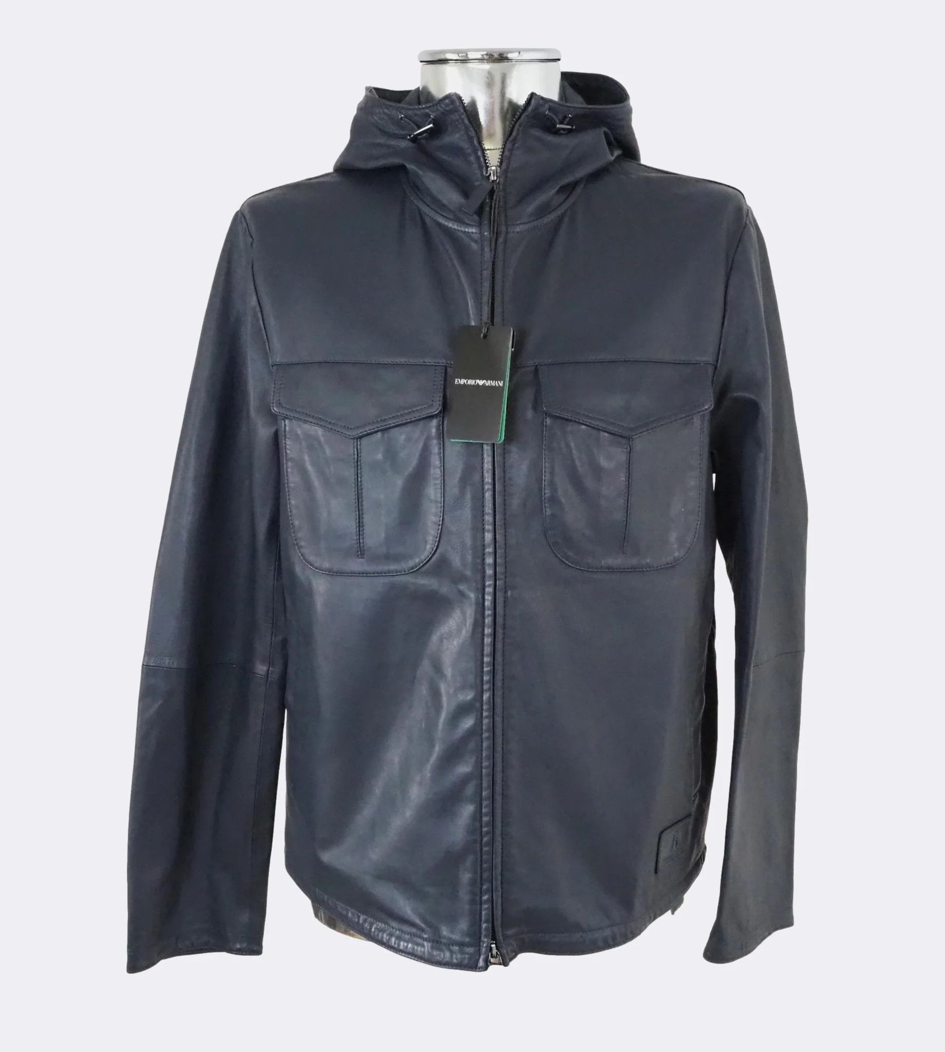 Emporio Armani Dark Blue Hooded Zip-Front Leather Jacket $1175 Size US M / EU 48-50 / 2 - 1 Thumbnail