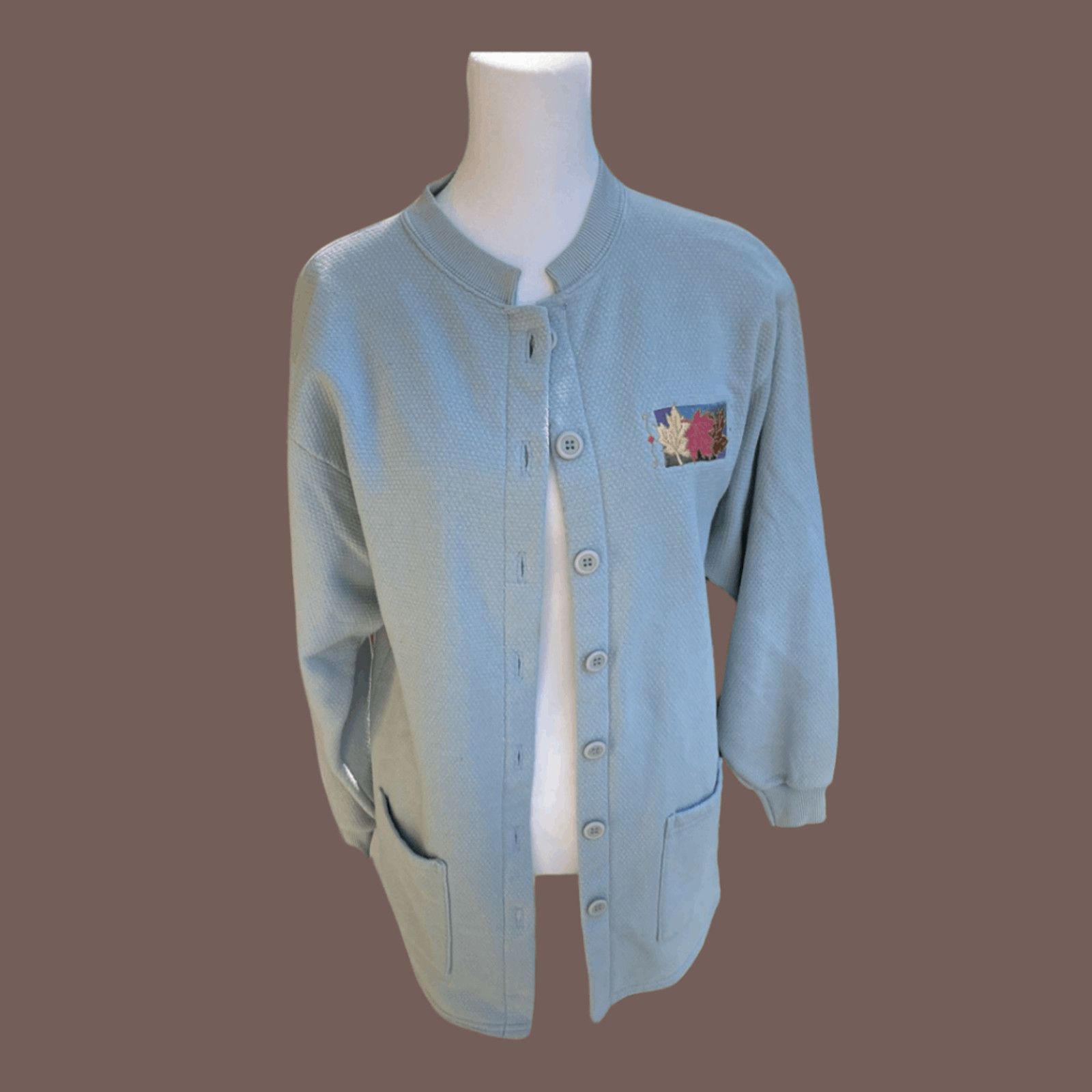 Vintage VTG Knit Cardigan | Blue Leaf Pocket | 80s Grannycore Cozy Size M / US 6-8 / IT 42-44 - 1 Thumbnail