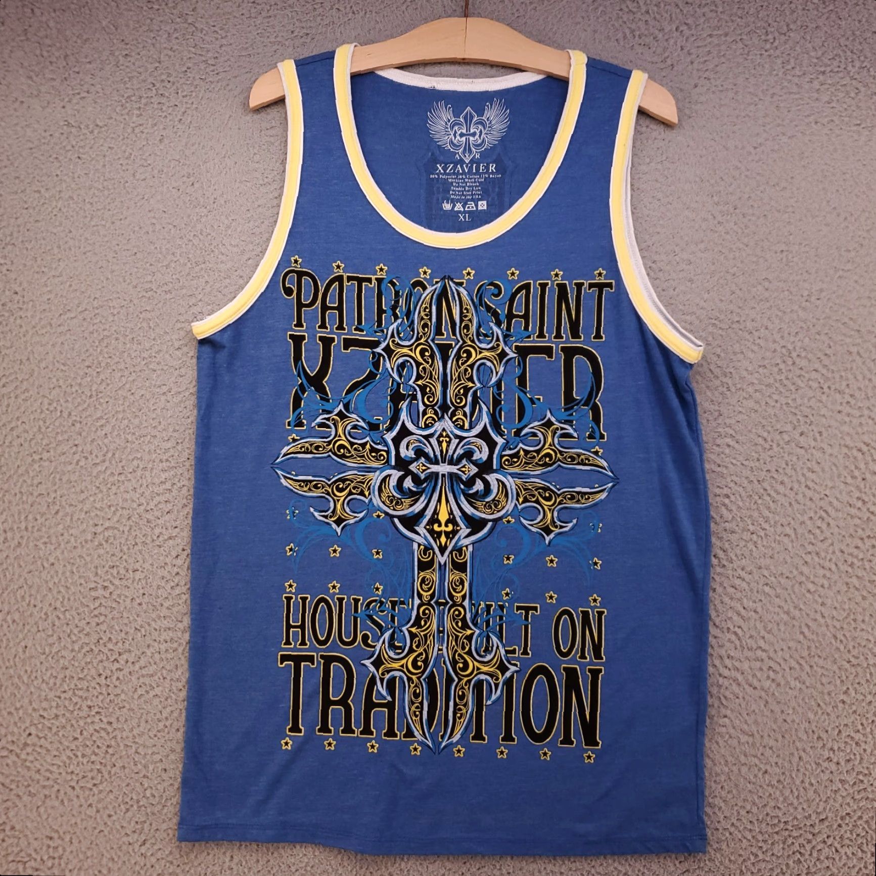 Vintage Xzavier AXR Muscle Shirt Mens XL Tank Top Blue Y2K Patrion Saint Spellout Cross Size US XL / EU 56 / 4 - 2 Thumbnail