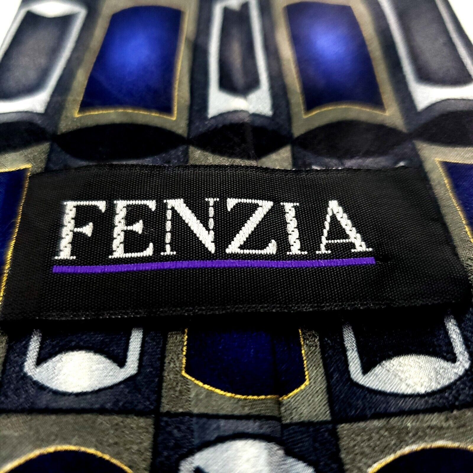 Vintage Fenzia Silk Tie Print Blue Geometric Short Size ONE SIZE - 4 Thumbnail