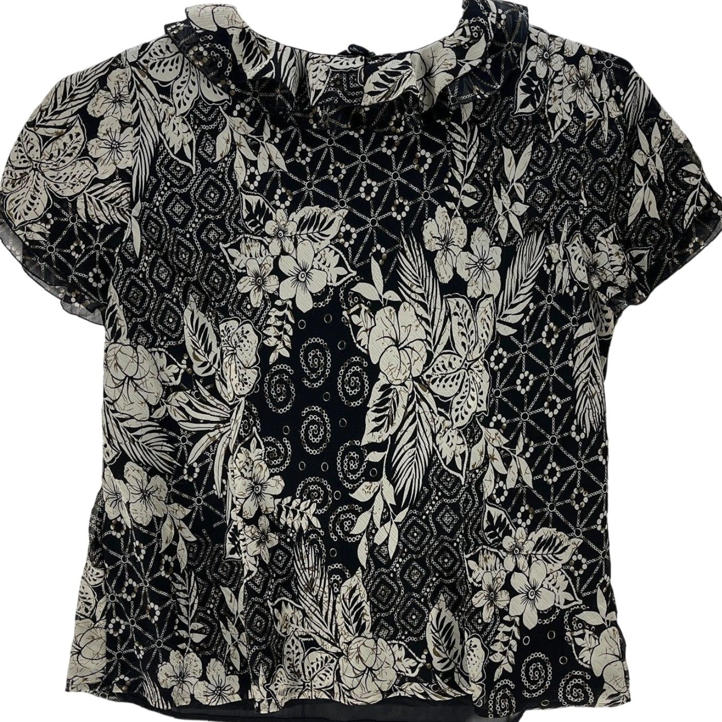 Vintage New York City Design Blouse Women Plus 3X Black Beige Floral Short Sleeves V-Neck Tunic Top Pattern Floral Office Fairy Grunge Vintage No Size XXL / US 16-18 / IT 52-54 - 3 Thumbnail