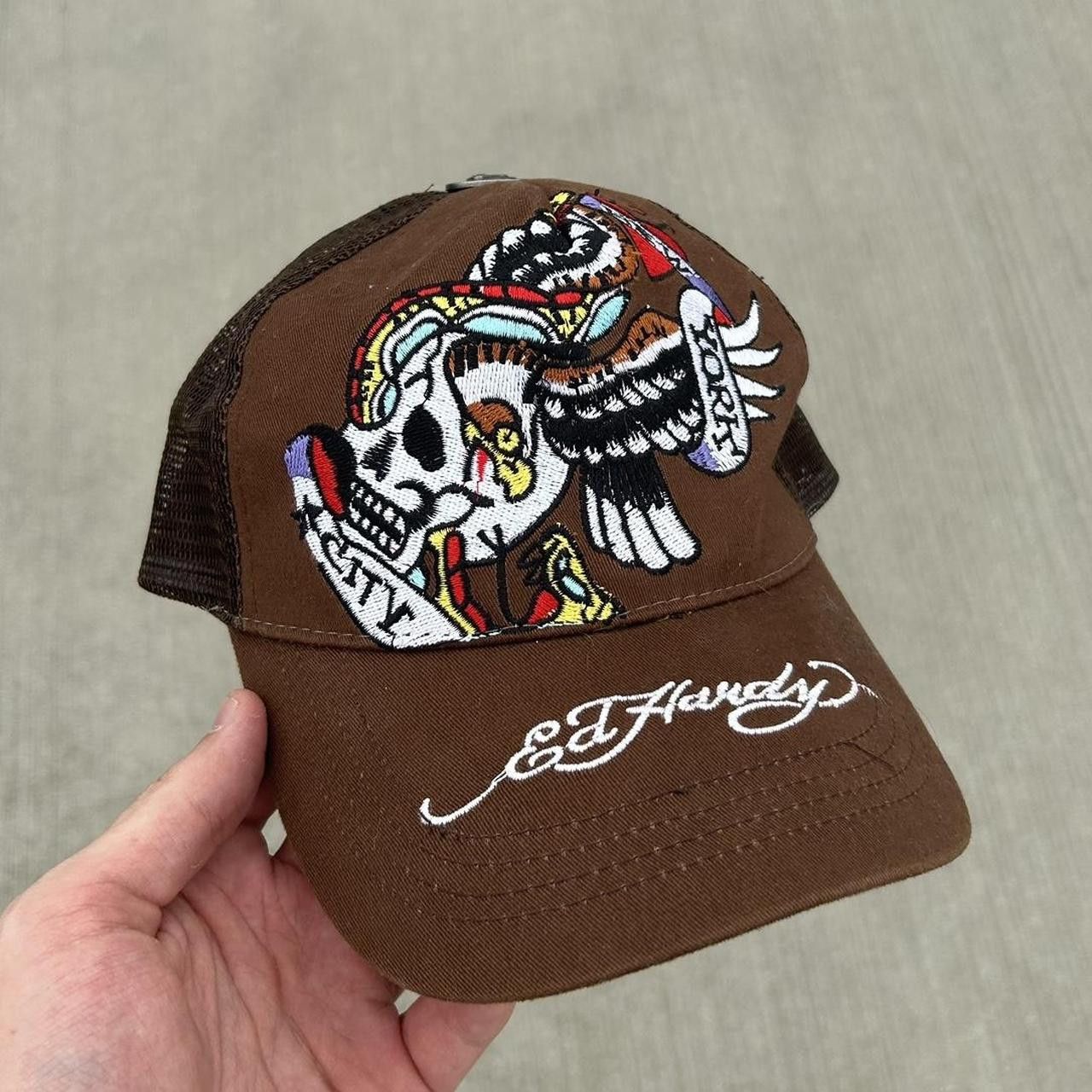 image of Ed Hardy Trucker Hat Embroidered Brown Mesh Snapback Y2K, Men's