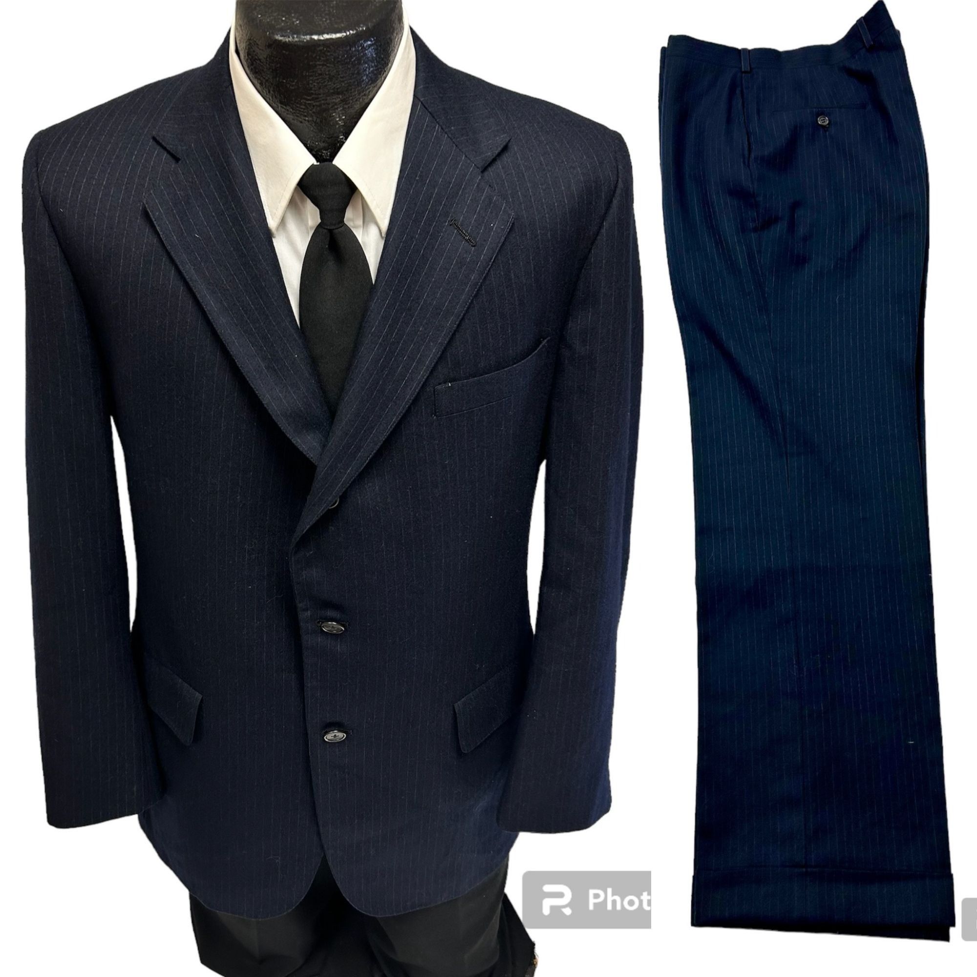 image of Unkwn 2 Pc 60's Navy Pin Stripe Wallstreet Bankers Wool Suit 40 L in Blue, Men's (Size 40L)
