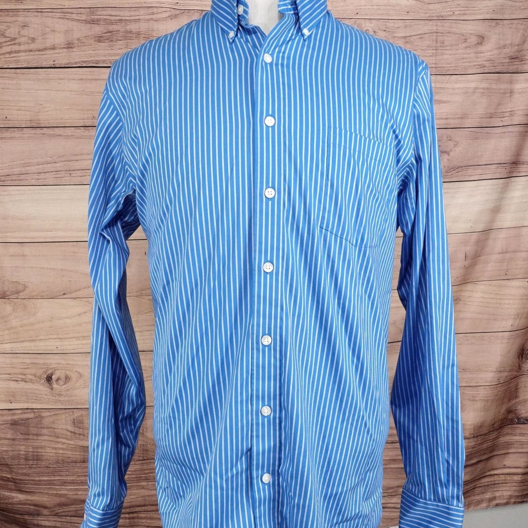 Kenneth Cole Kenneth Cole Reaction Dress Shirt Mens L 16-16.5 36/37 Blue Striped Non-Iron Regular Fit Button-Down Collar Shirt Size 42R - 3 Thumbnail