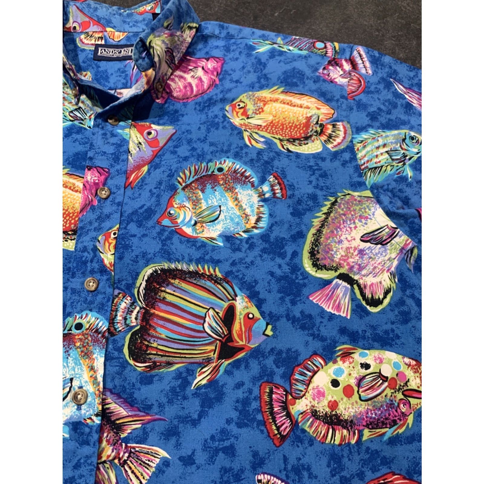 Lands' End Lands' End Blue Cotton Fish Print Short Sleeve Button-Up Shirt Men's Medium (15"-15.5") Casual American Classic Size US M / EU 48-50 / 2 - 4 Thumbnail