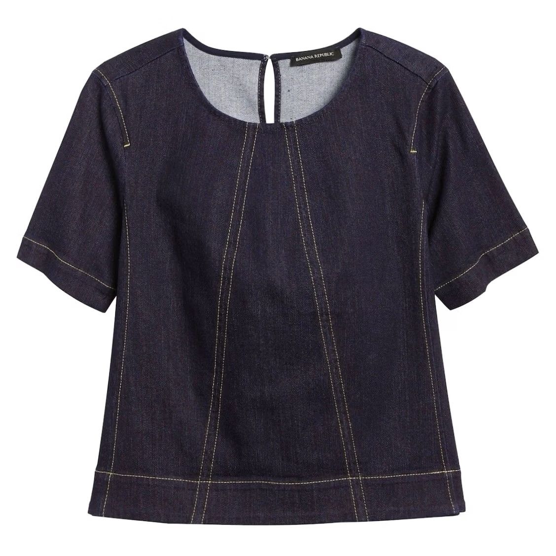 Banana Republic Banana Republic Women Dark Wash Blue Top-Stitched Denim Cropped Boxy Top S Shirt Casual Short Sleeve Crew Neck Pullover Lightweight Stretch Size S / US 4 / IT 40 - 3 Thumbnail