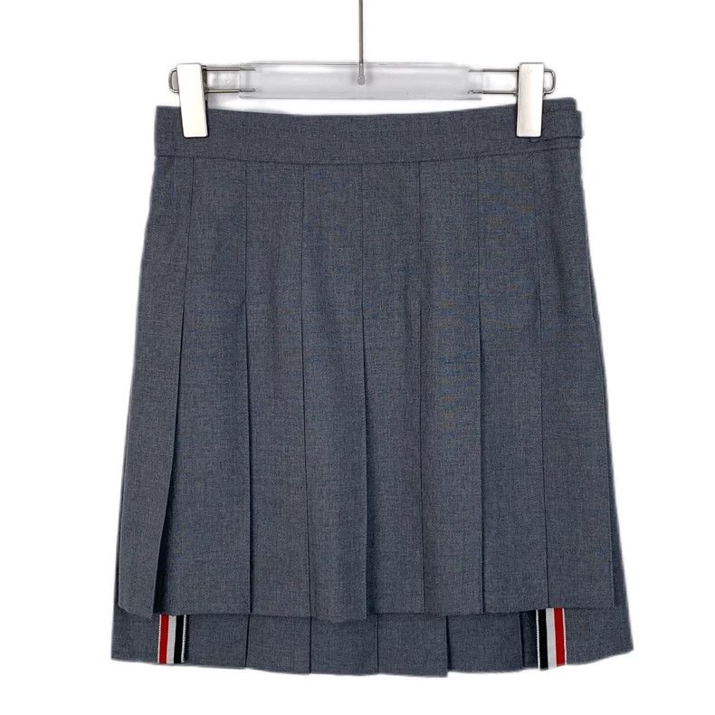 Thom Browne Gray Pleated Wool Skirt with Striped Trim - dmc Size US 38 / EU 54 - 1 Thumbnail