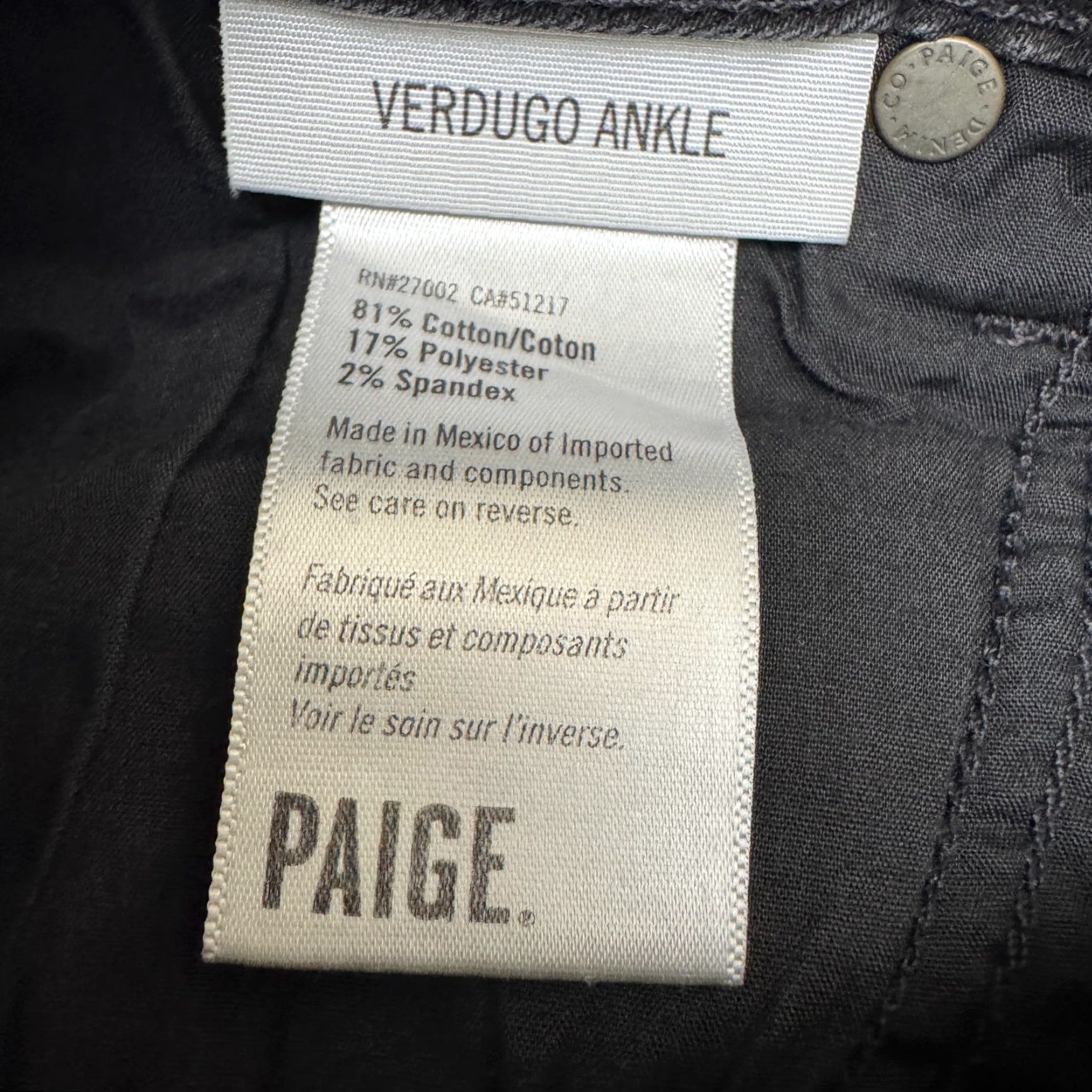 Paige Paige Verdugo Jeans Womens 26 Black Distressed Ankle 27 Inseam Regular 26x27 Denim Cotton Blend 5-Pocket Logo Belt Loops Zipper Button Size 26" / US 2 / IT 38 - 7 Thumbnail