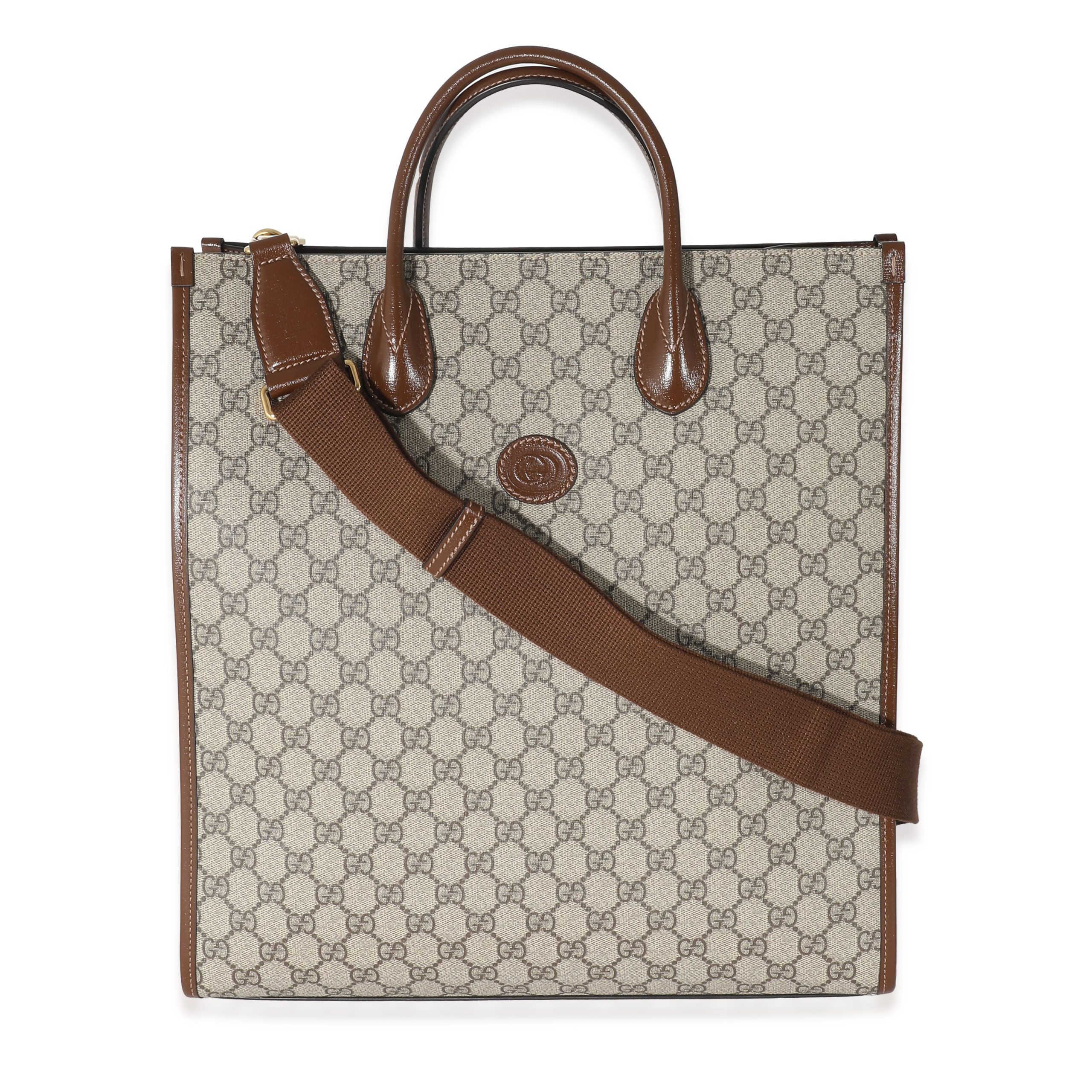 Gucci Beige GG Supreme Canvas Brown Leather Medium Interlocking G Tote