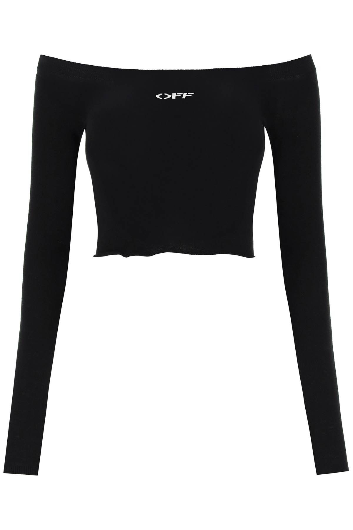 Image of Off White Off-White Knitted Off-Shoulder Cropped Top in Black White, Women's (Size Small)