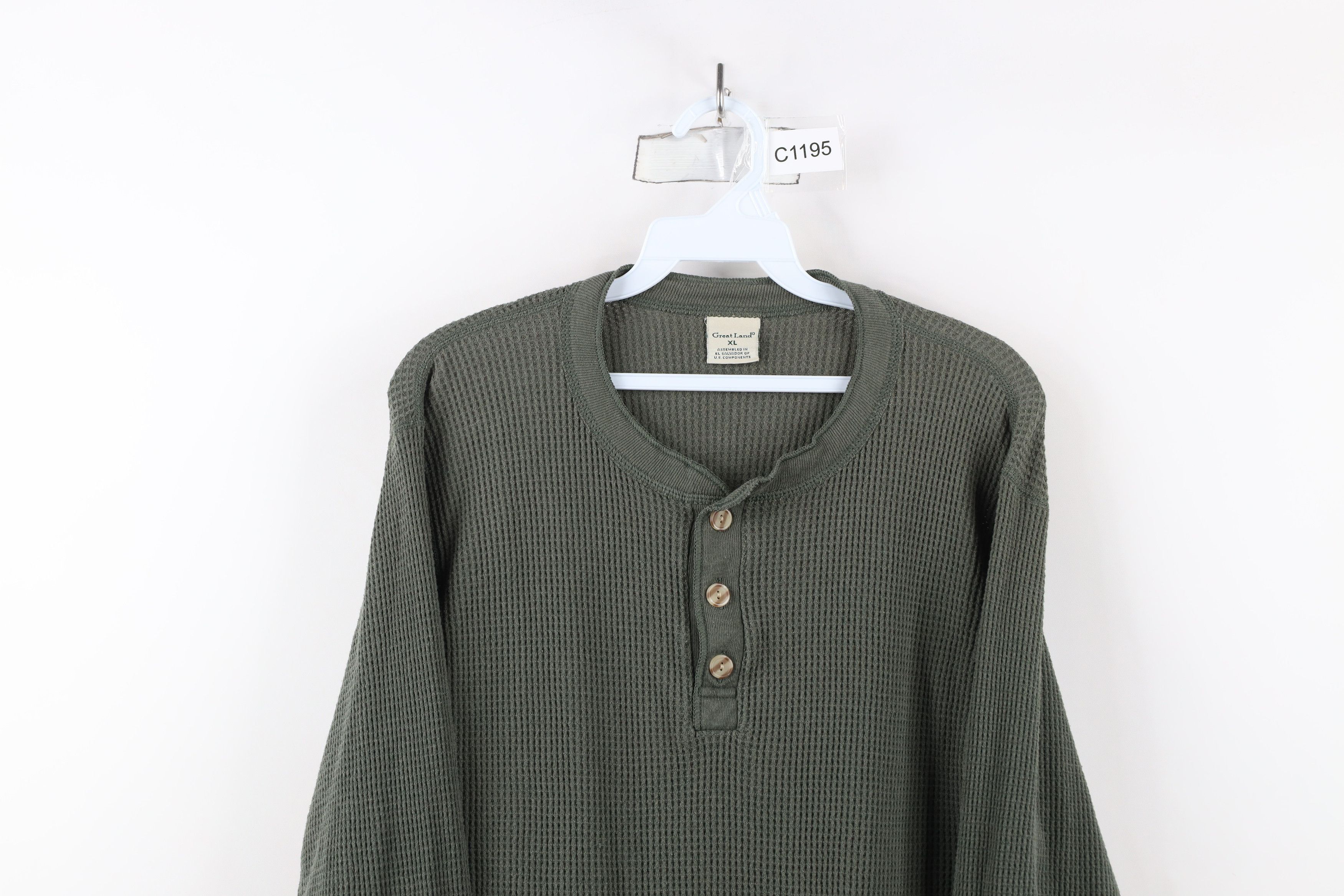 Vintage Vintage 90s Streetwear Waffle Knit Henley T-Shirt Green Size US XL / EU 56 / 4 - 2 Thumbnail