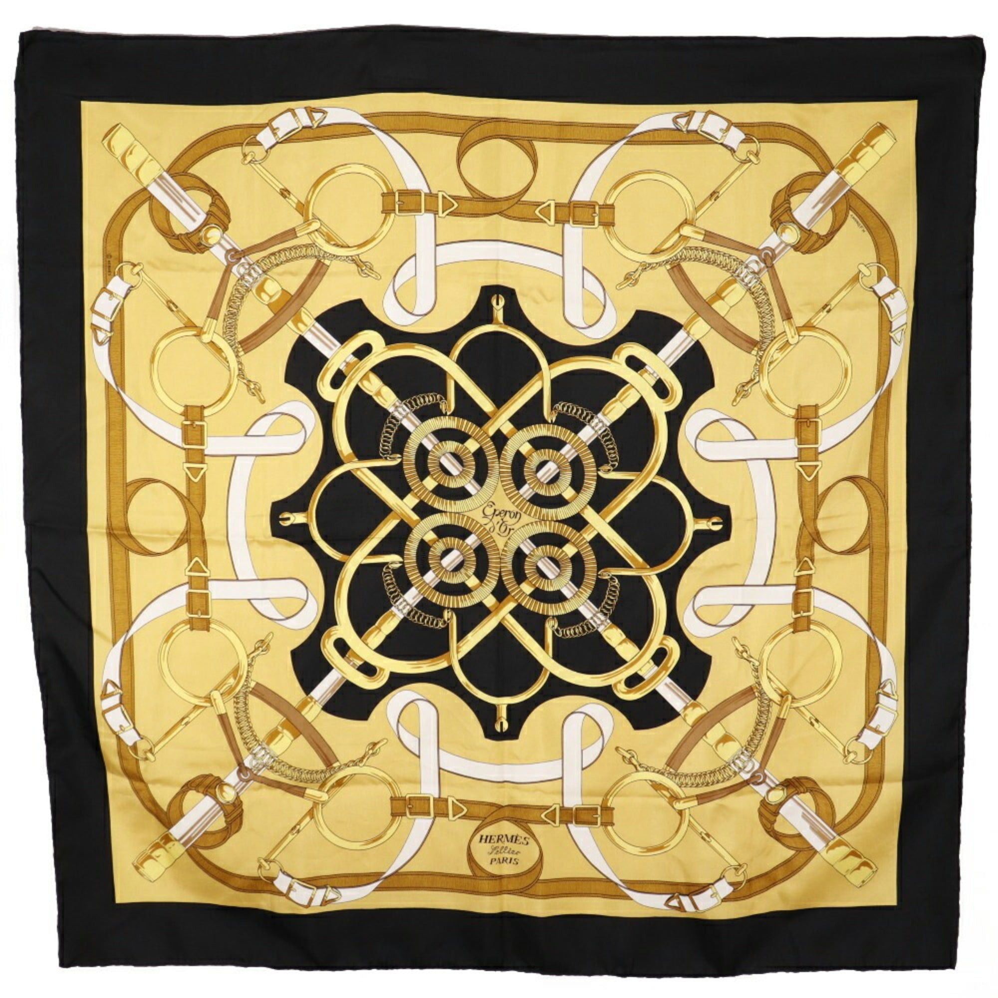 image of Hermes Carre90 Scarf Eperon D'or Golden Spur Silk Made In France Black/yellow Women's
