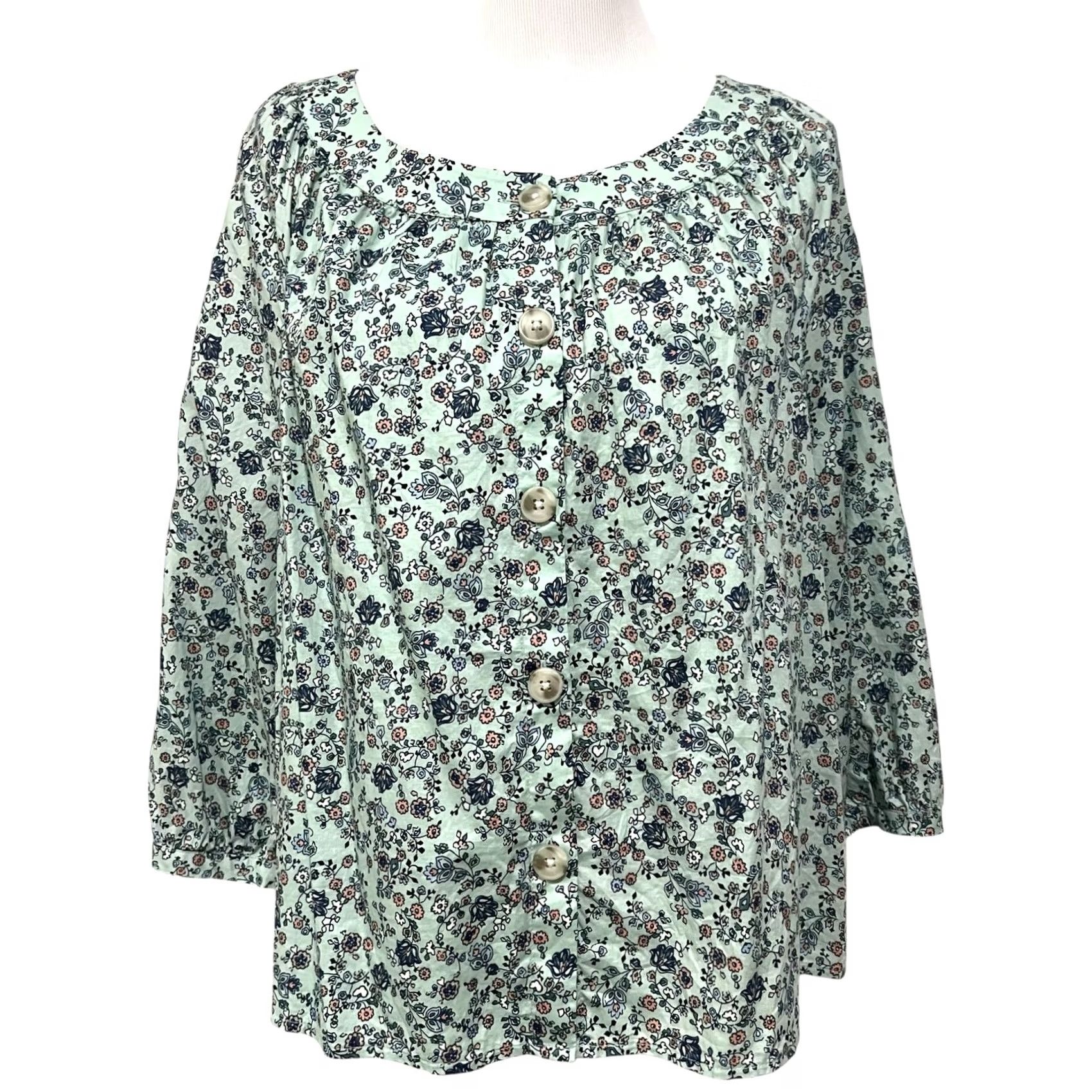 J. Jill VINTAGE J. Jill Floral Peasant Top Blue Womens Petite L Boho Cotton Button Up Blouse 3/4 Sleeve Round Neck Shirt Girls Mens Size L / US 10 / IT 46 - 2 Thumbnail