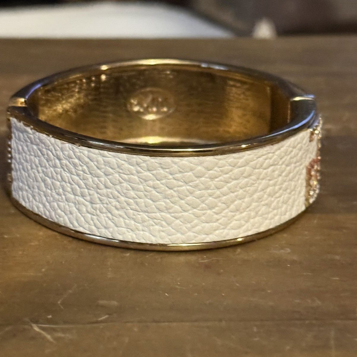 Other Gold white leather inlay rhinestone accent bangle bracelet Size ONE SIZE - 4 Thumbnail