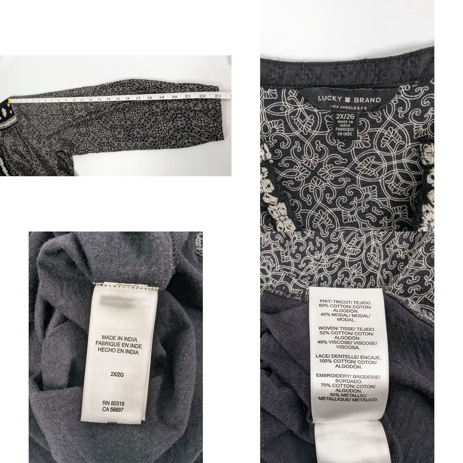 Lucky Brand Lucky Brand Boho Blouse Shirt 2X Multicolor Black White Embroidered Long Sleeve V-Neck Geometric Boho 90s Womens Size XXL / US 16-18 / IT 52-54 - 8 Thumbnail