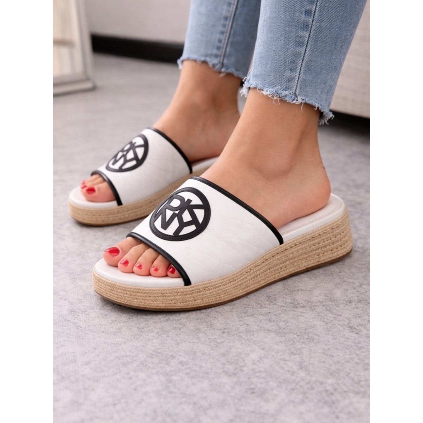 DKNY White Quilted Espadrille Slide Sandals with Black Trim Size US 9 / IT 39 - 1 Thumbnail