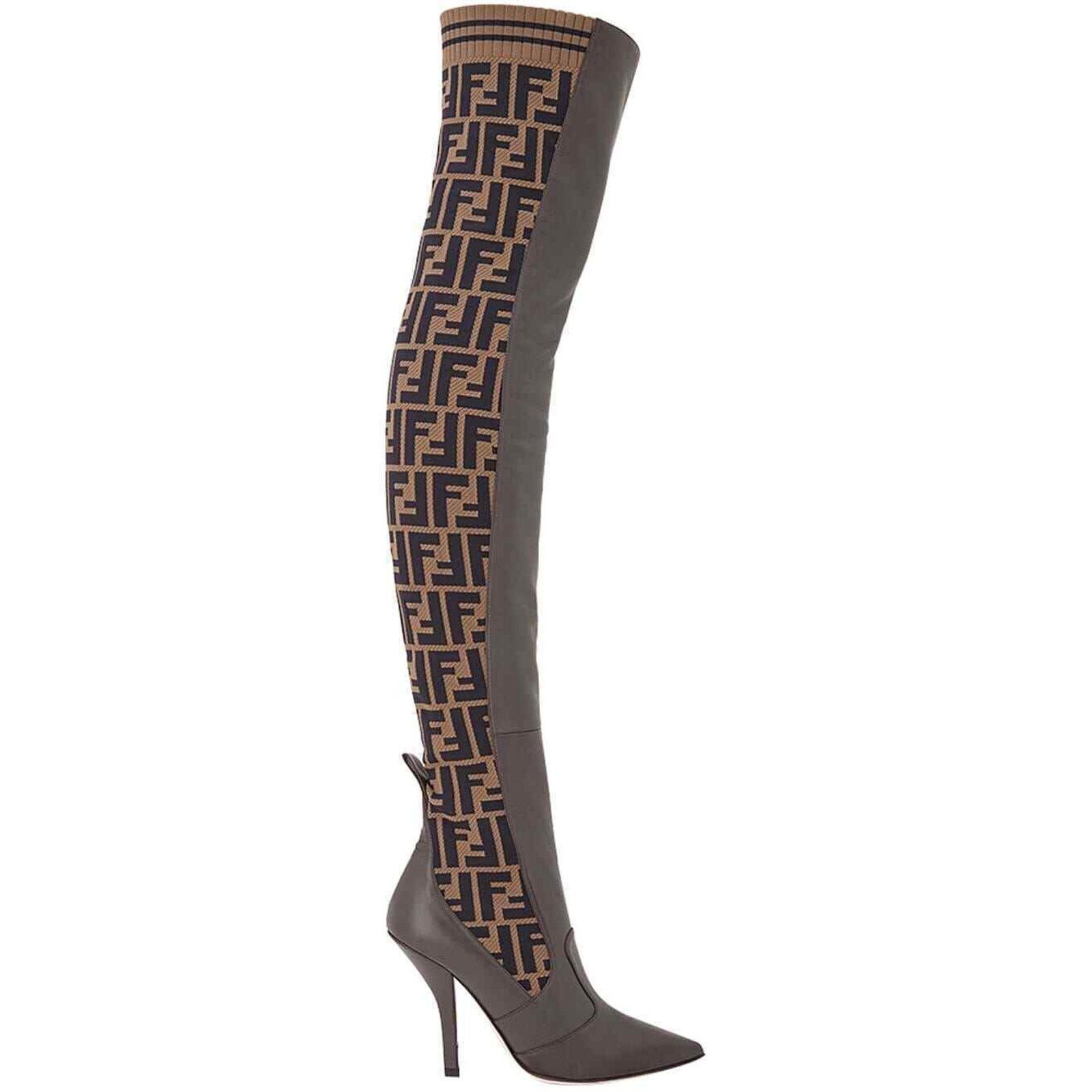 Fendi Fendi Rockoko Brown FF Logo Stretch Knit Sock Thigh High Size US 5 / IT 35 - 1 Thumbnail
