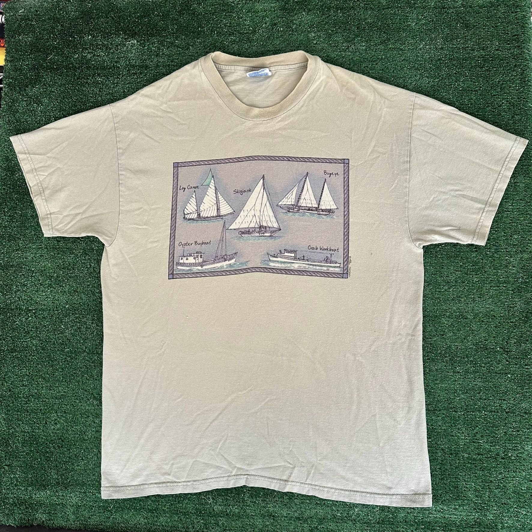 Hanes Vintage Y2K Nautical Sailboats T-Shirt Coastal Preppy Beige Size US L / EU 52-54 / 3 - 1 Thumbnail