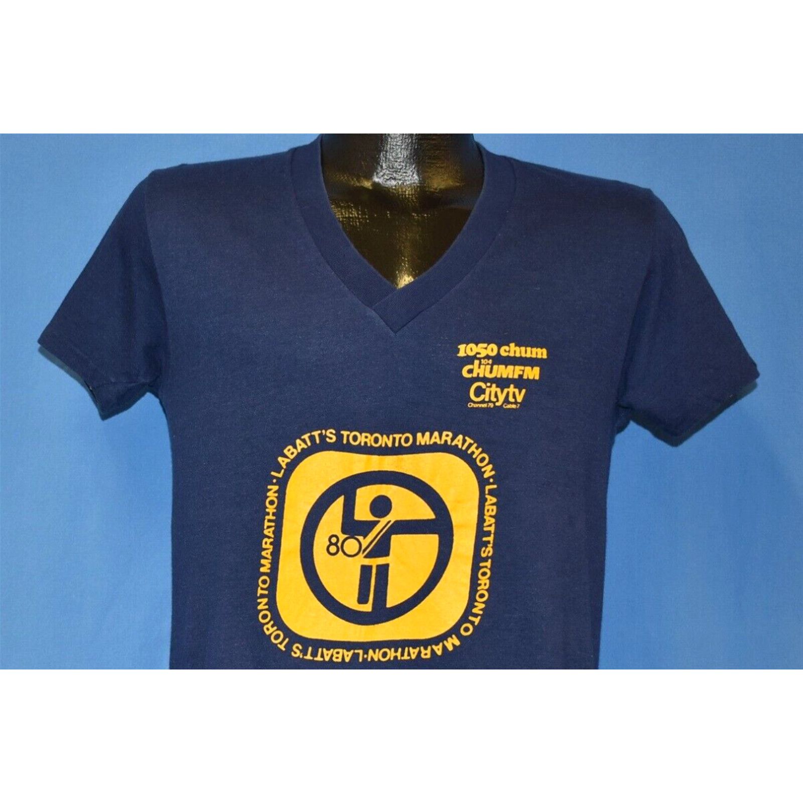 image of Chums VTG 80's Labatt's Toronto Marathon 1050 Chum 104 Fm Citytv 79 V-Neck T-Shirt M in White (Size