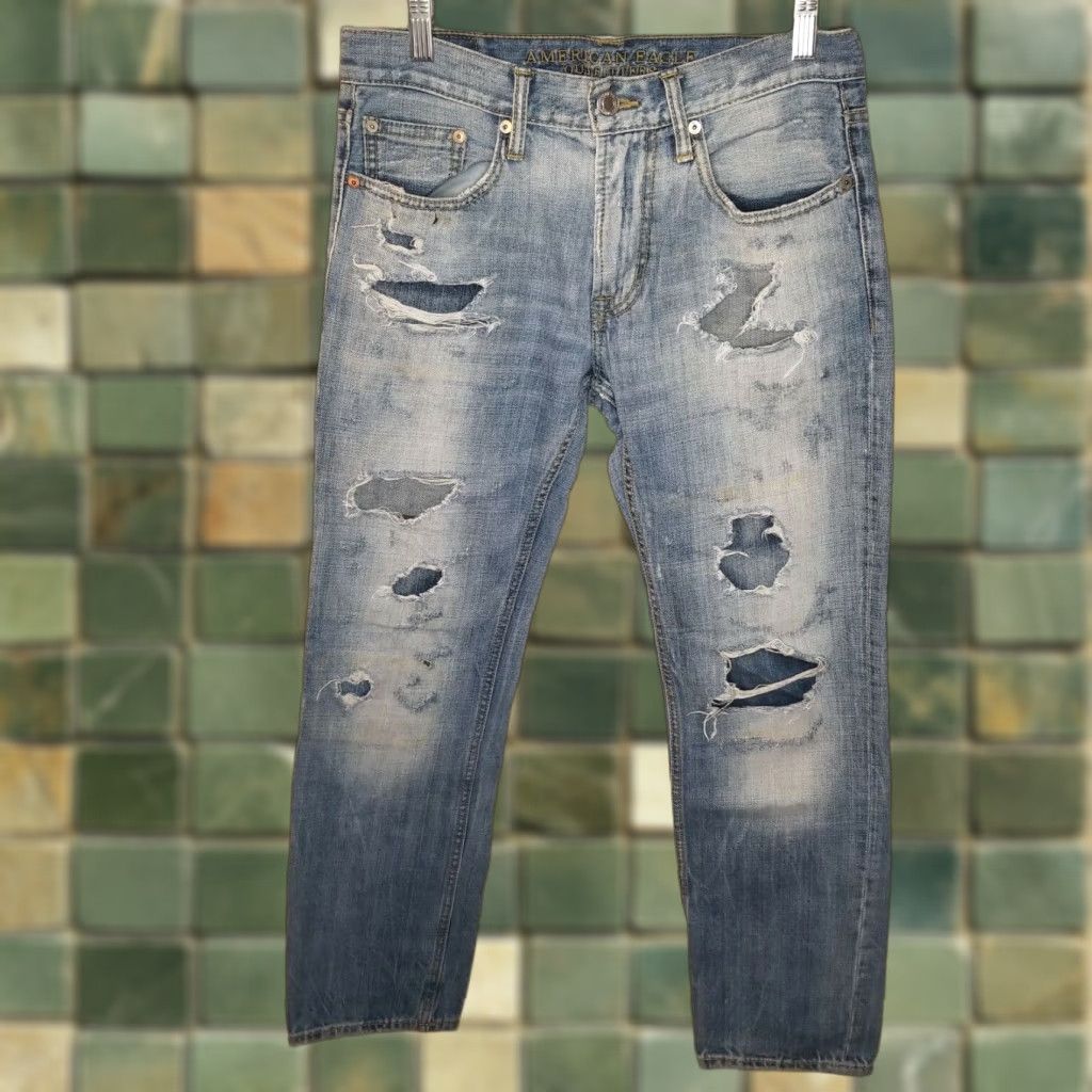 American Eagle Outfitters American Eagle Jeans Mens Slim Straight 29x30 Blue Distressed Ripped Regular Inseam 30 Size US 29 - 1 Thumbnail