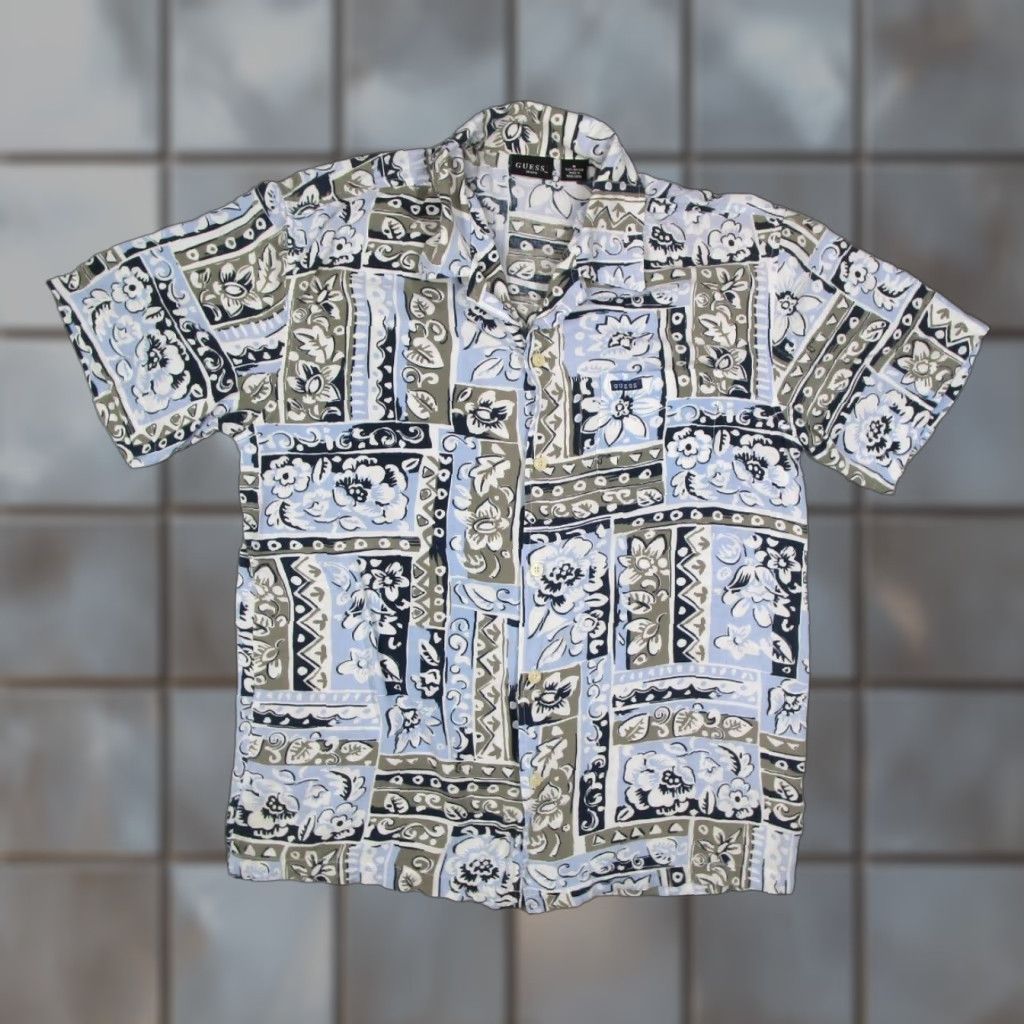 Guess VINTAGE GUESS Shirt Mens M Blue Button-Up Hawaiian 90s Tiki Retro Y2K Size US M / EU 48-50 / 2 - 1 Thumbnail