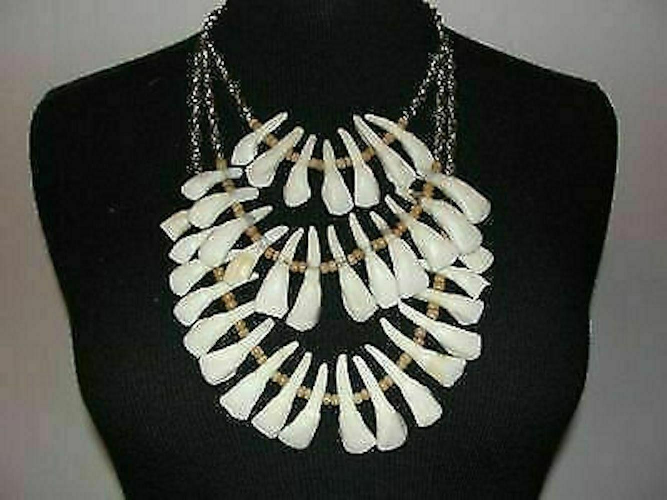 Handmade Santeria Necklace of Buffalo Teeth, Wood & Silver Tone Chain Size ONE SIZE - 1 Thumbnail